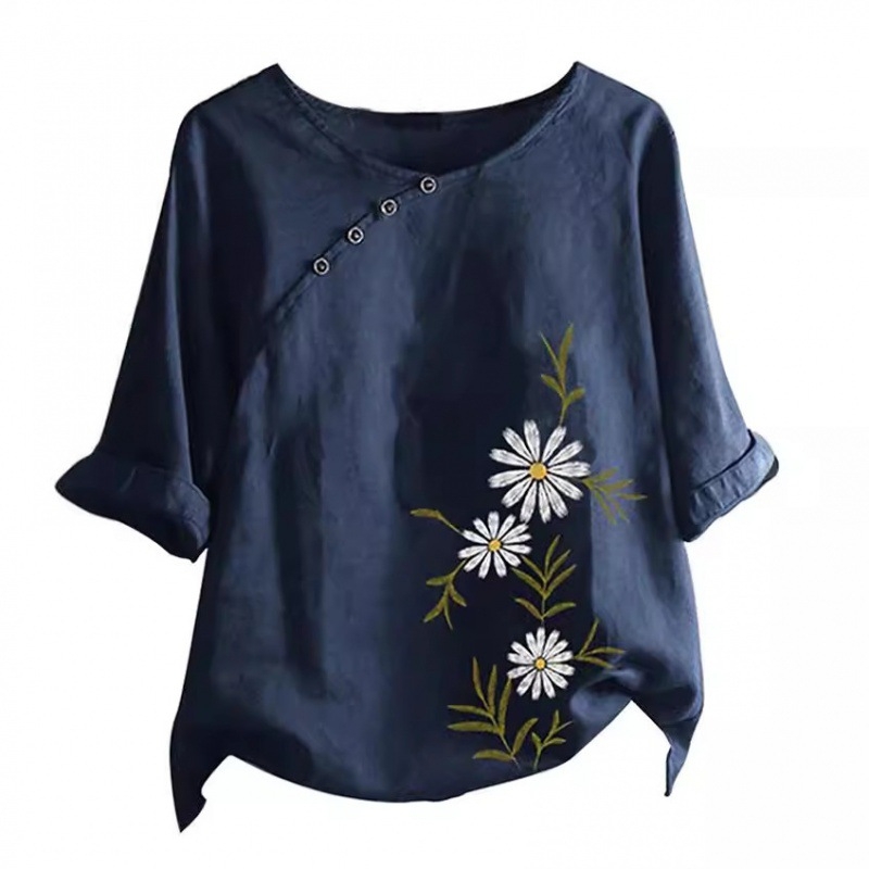 Naiste väliskaubanduse särk, uue disainiga nišš, lihtne retro lilleline ümara kaelusega, sisemine ja välimine seitsmepunktiliste varrukatega särk