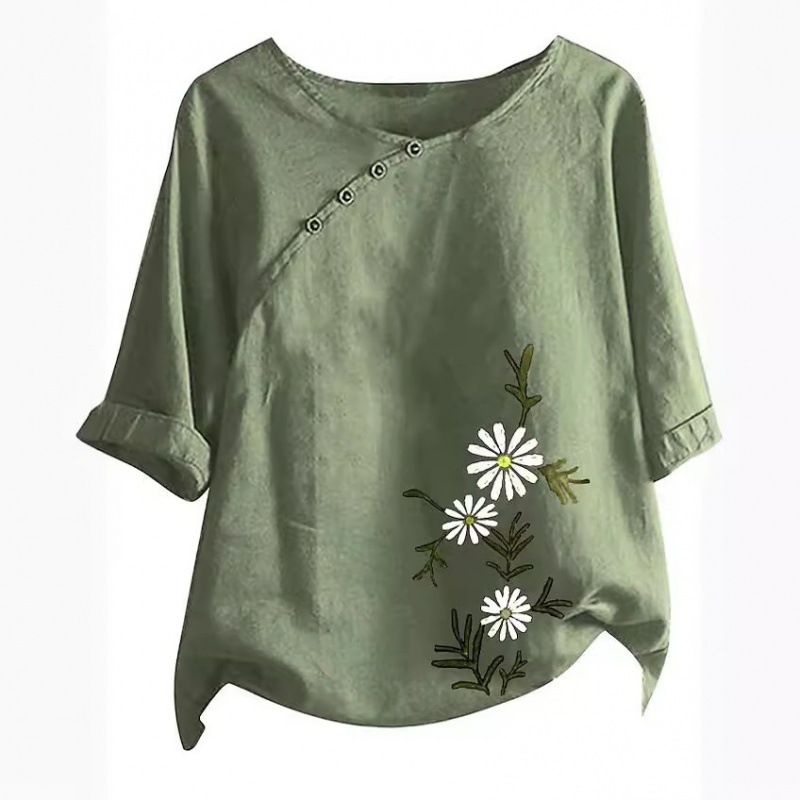 Naiste väliskaubanduse särk, uue disainiga nišš, lihtne retro lilleline ümara kaelusega, sisemine ja välimine seitsmepunktiliste varrukatega särk