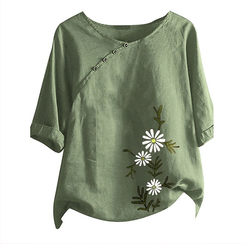 Naiste väliskaubanduse särk, uue disainiga nišš, lihtne retro lilleline ümara kaelusega, sisemine ja välimine seitsmepunktiliste varrukatega särk