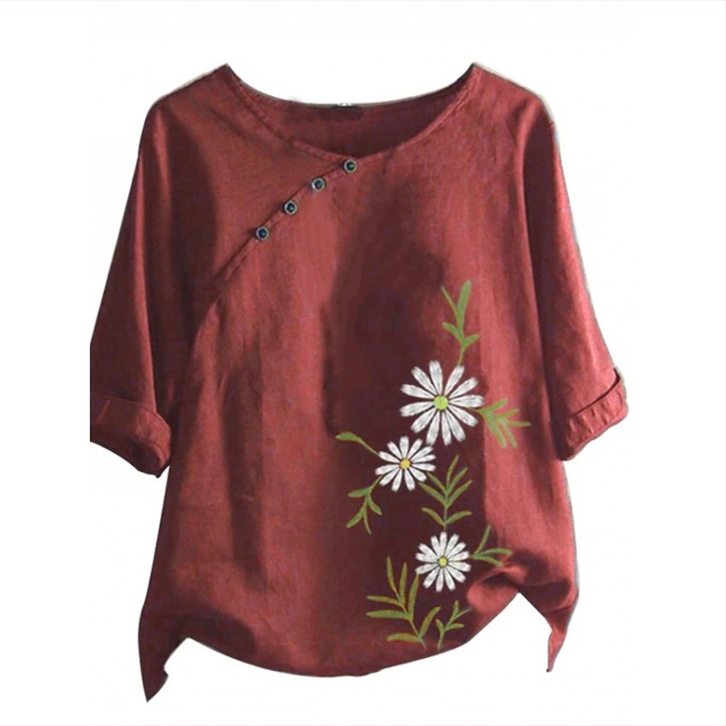 Naiste väliskaubanduse särk, uue disainiga nišš, lihtne retro lilleline ümara kaelusega, sisemine ja välimine seitsmepunktiliste varrukatega särk