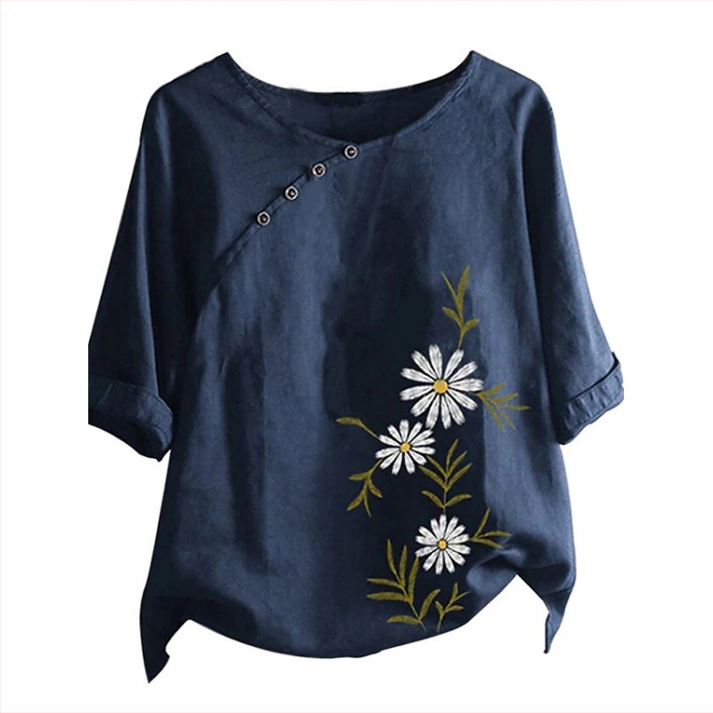 Naiste väliskaubanduse särk, uue disainiga nišš, lihtne retro lilleline ümara kaelusega, sisemine ja välimine seitsmepunktiliste varrukatega särk