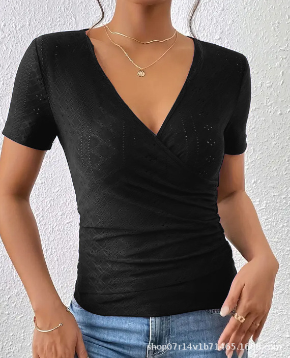 2025. aasta kevad- ja suve Euroopa ja Ameerika Ühendriikide piiriülene uus naiste seksikas õhuke ühevärviline V-kaelusega lühikeste varrukatega T-särk