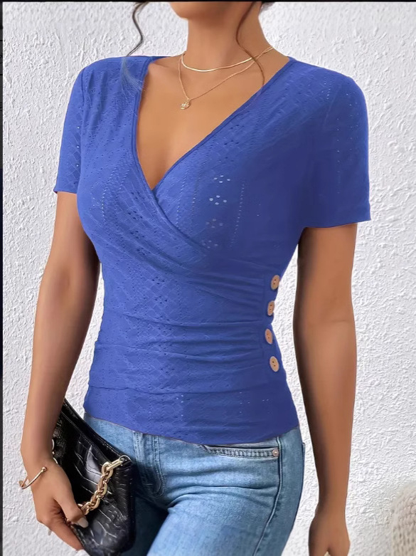 2025. aasta kevad- ja suve Euroopa ja Ameerika Ühendriikide piiriülene uus naiste seksikas õhuke ühevärviline V-kaelusega lühikeste varrukatega T-särk