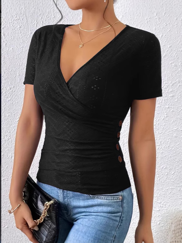 2025. aasta kevad- ja suve Euroopa ja Ameerika Ühendriikide piiriülene uus naiste seksikas õhuke ühevärviline V-kaelusega lühikeste varrukatega T-särk