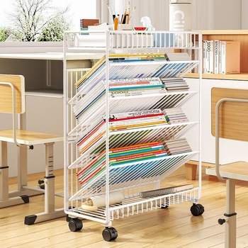 Κινητό ράφι αποθήκευσης δαπέδου, βιβλιοθήκη, πολυστρωματικό ράφι αποθήκευσης με τροχούς, ράφι βιβλίων τάξης μαθητών, σιδερένιο τραπέζι, πλαϊνό ράφι βιβλιοθήκης