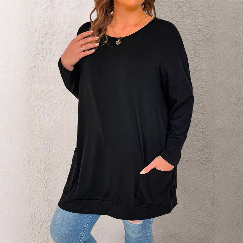 Tarpvalstybiniai Europos ir Amerikos 2025 m. vienspalviai ilgomis rankovėmis moteriški viršutiniai drabužiai, universalūs ilgi marškinėliai su apvalia apykakle ir kišenėmis