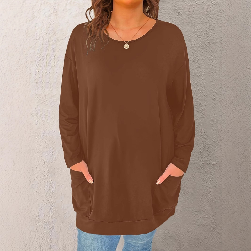 Tarpvalstybiniai Europos ir Amerikos 2025 m. vienspalviai ilgomis rankovėmis moteriški viršutiniai drabužiai, universalūs ilgi marškinėliai su apvalia apykakle ir kišenėmis
