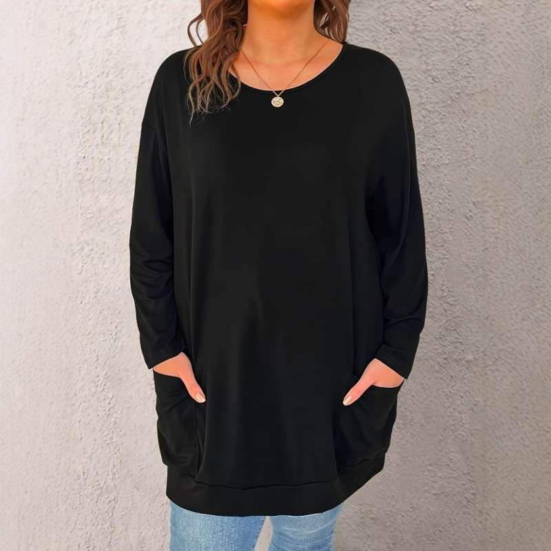 Tarpvalstybiniai Europos ir Amerikos 2025 m. vienspalviai ilgomis rankovėmis moteriški viršutiniai drabužiai, universalūs ilgi marškinėliai su apvalia apykakle ir kišenėmis