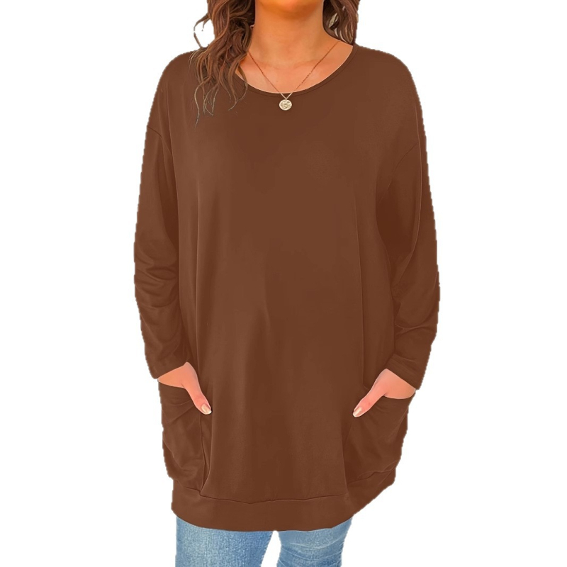 Tarpvalstybiniai Europos ir Amerikos 2025 m. vienspalviai ilgomis rankovėmis moteriški viršutiniai drabužiai, universalūs ilgi marškinėliai su apvalia apykakle ir kišenėmis