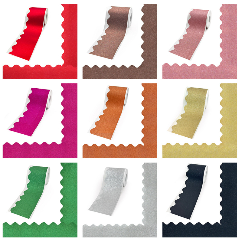 Rolă de 18 m cu sclipici, auriu, nisip argintiu, bordură strălucitoare, tablă neagră, autocolante decorative ondulate