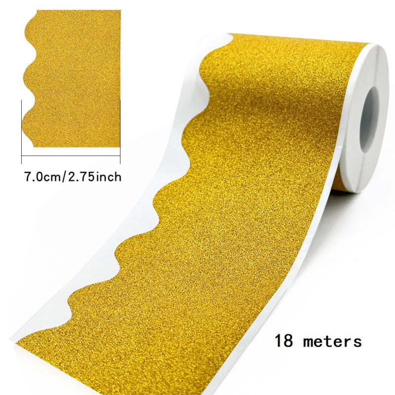 18 m rull sädelevaid kuldseid ja hõbedaseid kleebiseid, läikiva äärisega teadetetahvli kleebiseid, lainelisi dekoratiivkleebiseid