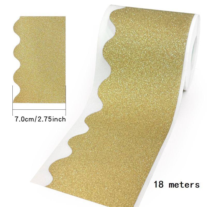 18 m rull sädelevaid kuldseid ja hõbedaseid kleebiseid, läikiva äärisega teadetetahvli kleebiseid, lainelisi dekoratiivkleebiseid