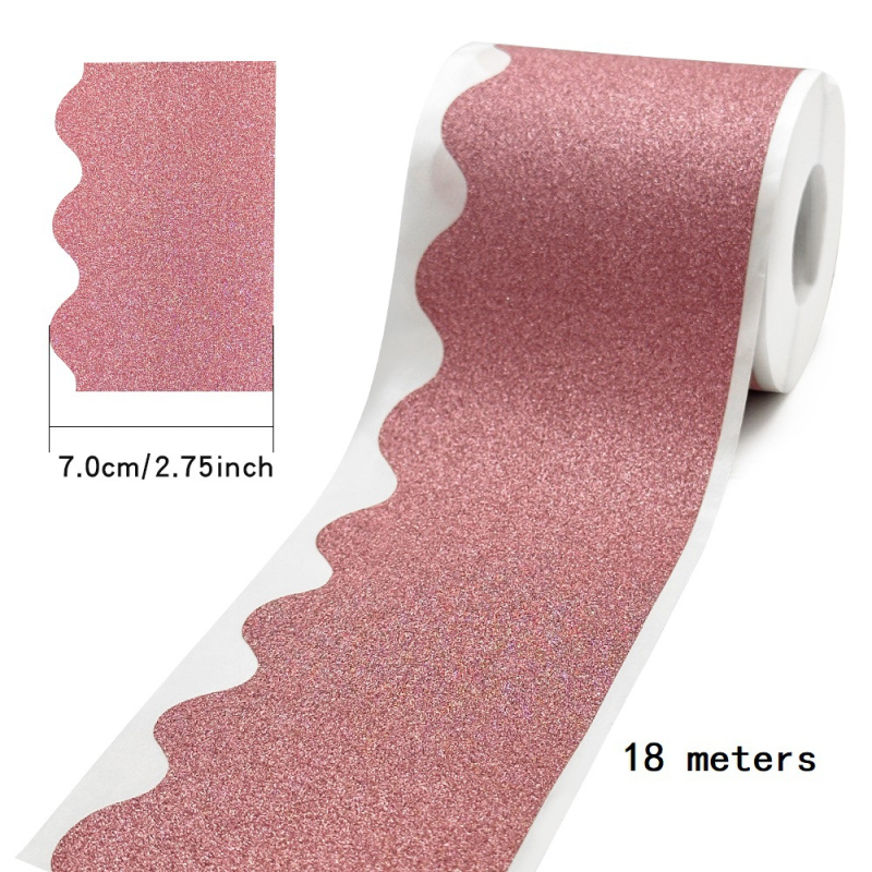 18 m rull sädelevaid kuldseid ja hõbedaseid kleebiseid, läikiva äärisega teadetetahvli kleebiseid, lainelisi dekoratiivkleebiseid