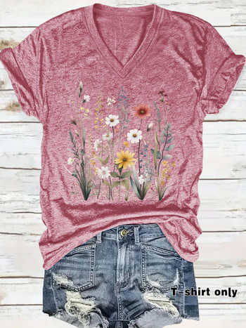 Ευρωπαϊκό και Αμερικανικό Ανεξάρτητο Σταθμό Διασυνοριακής Ιδιοσυγκρασίας Γυναικείο T-shirt σε απόθεμα με Στάμπα Φυτού Λουλουδιού Καλοκαιρινό Νέο Κοντό Μανίκι