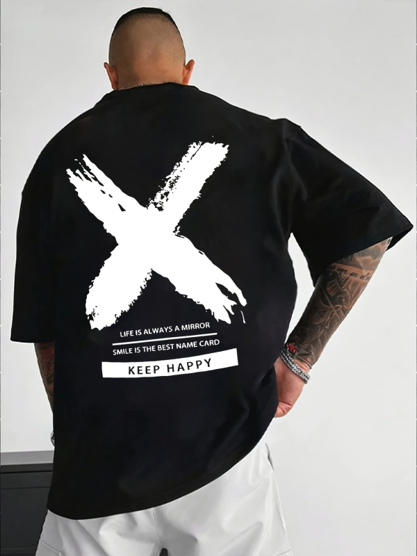 Meeste ümara kaelusega graafilise mustriga T-särk "Stay Happy" - must vabaaja suvine lühikeste varrukatega T-särk, X-disain