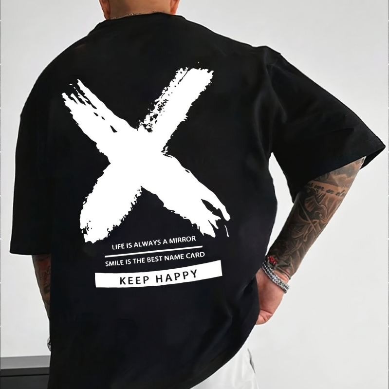 Meeste ümara kaelusega graafilise mustriga T-särk "Stay Happy" - must vabaaja suvine lühikeste varrukatega T-särk, X-disain