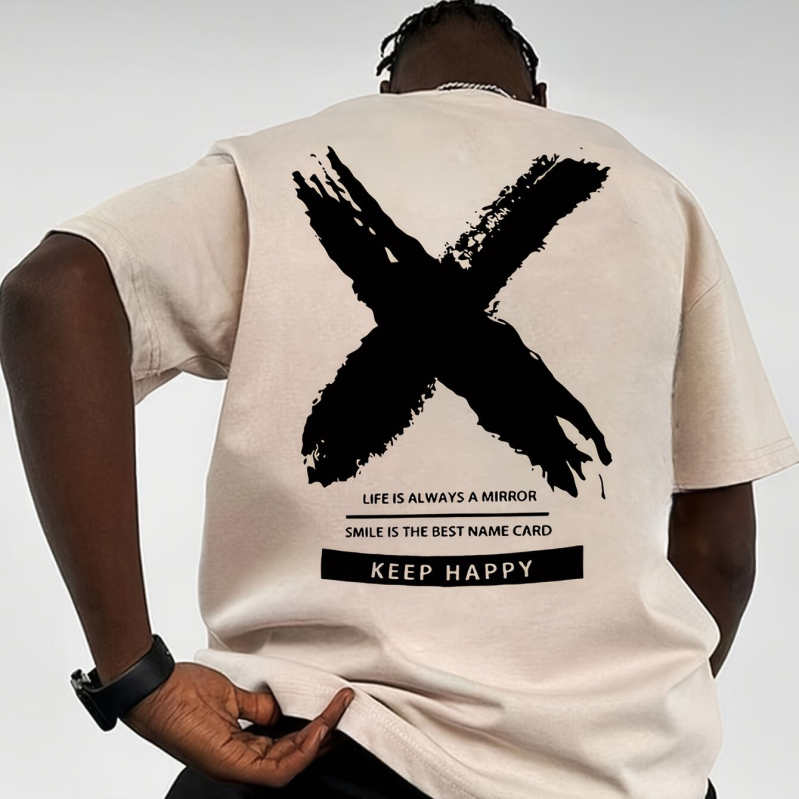 Meeste ümara kaelusega graafilise mustriga T-särk "Stay Happy" - must vabaaja suvine lühikeste varrukatega T-särk, X-disain
