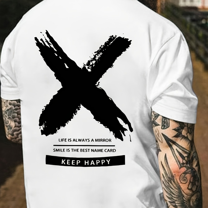 Meeste ümara kaelusega graafilise mustriga T-särk "Stay Happy" - must vabaaja suvine lühikeste varrukatega T-särk, X-disain