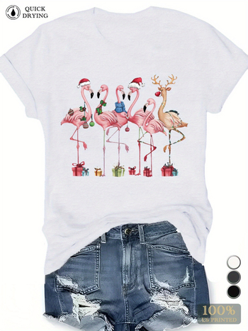 Naiste jõuluteemaline Flamingo spordipluus pluss-suuruses lühikeste varrukatega T-särk