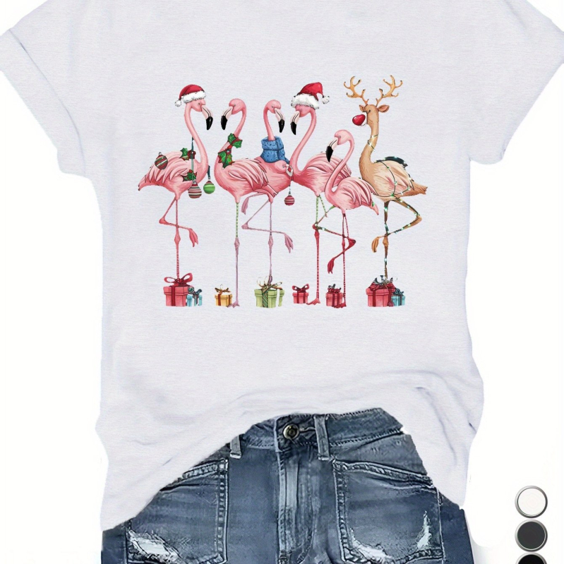 Naiste jõuluteemaline Flamingo spordipluus pluss-suuruses lühikeste varrukatega T-särk