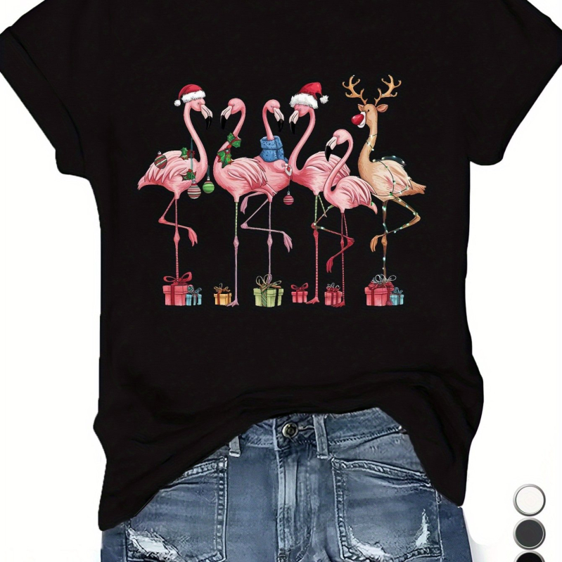 Naiste jõuluteemaline Flamingo spordipluus pluss-suuruses lühikeste varrukatega T-särk