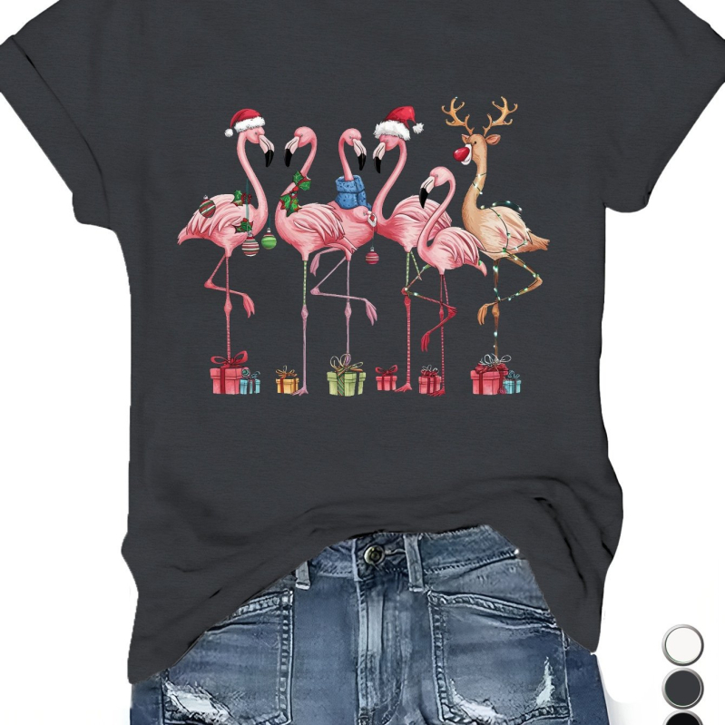 Naiste jõuluteemaline Flamingo spordipluus pluss-suuruses lühikeste varrukatega T-särk