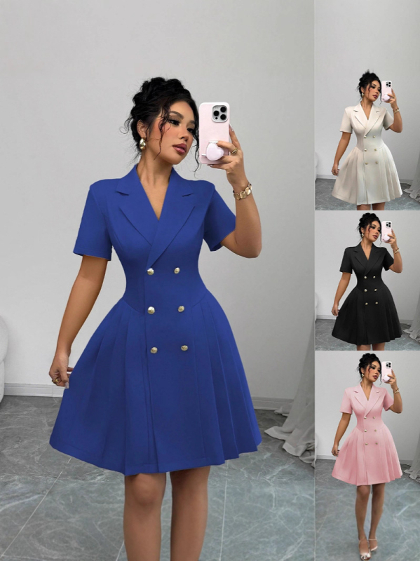 2025. aasta Euroopa ja Ameerika Amazon Aliexpressi sügisene uus elegantne moodne puhasvärviline lühikeste varrukatega vöökohaga kaherealine kleit