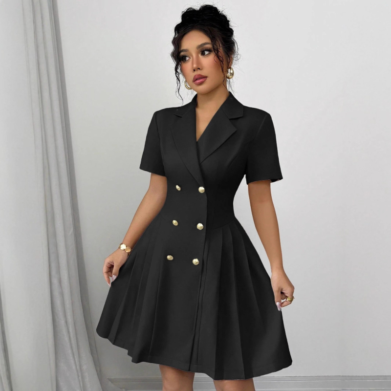 2025. aasta Euroopa ja Ameerika Amazon Aliexpressi sügisene uus elegantne moodne puhasvärviline lühikeste varrukatega vöökohaga kaherealine kleit