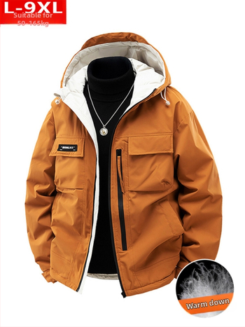 Žieminė madinga kokybiška vyriška trimačio dydžio pūkinė striukė su lopais, apvali, laisva, šalčiui atspari, šilta, gobtuvu.