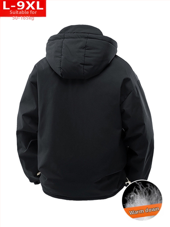 Žieminė madinga kokybiška vyriška trimačio dydžio pūkinė striukė su lopais, apvali, laisva, šalčiui atspari, šilta, gobtuvu.