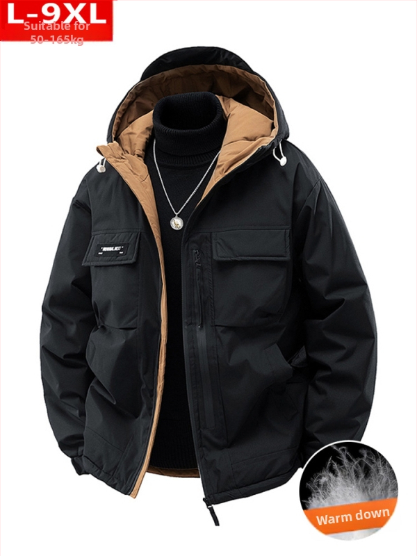 Žieminė madinga kokybiška vyriška trimačio dydžio pūkinė striukė su lopais, apvali, laisva, šalčiui atspari, šilta, gobtuvu.