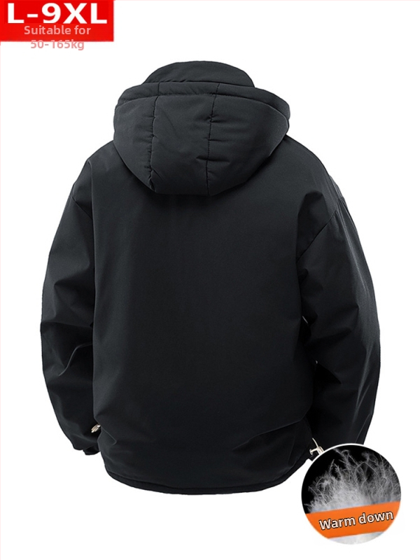 Žieminė madinga kokybiška vyriška trimačio dydžio pūkinė striukė su lopais, apvali, laisva, šalčiui atspari, šilta, gobtuvu.