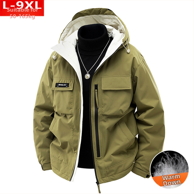 Žieminė madinga kokybiška vyriška trimačio dydžio pūkinė striukė su lopais, apvali, laisva, šalčiui atspari, šilta, gobtuvu.