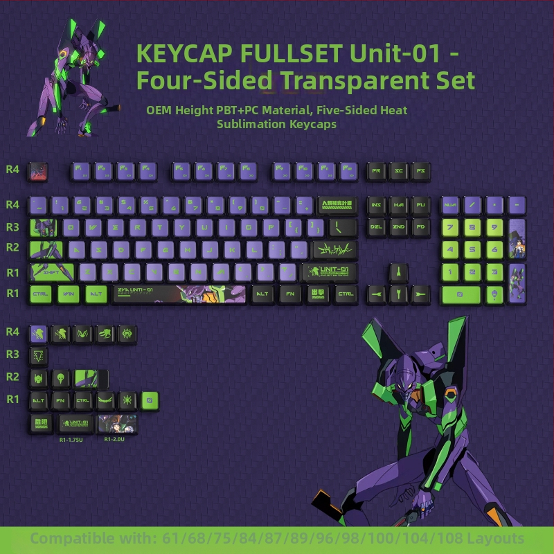 Pudding neljapoolne poolläbipaistev värviline sublimatsiooniklahvistik kohandatud mehaanilise klaviatuuri poolläbipaistva trükikomplekti Kuromi klahvistikud