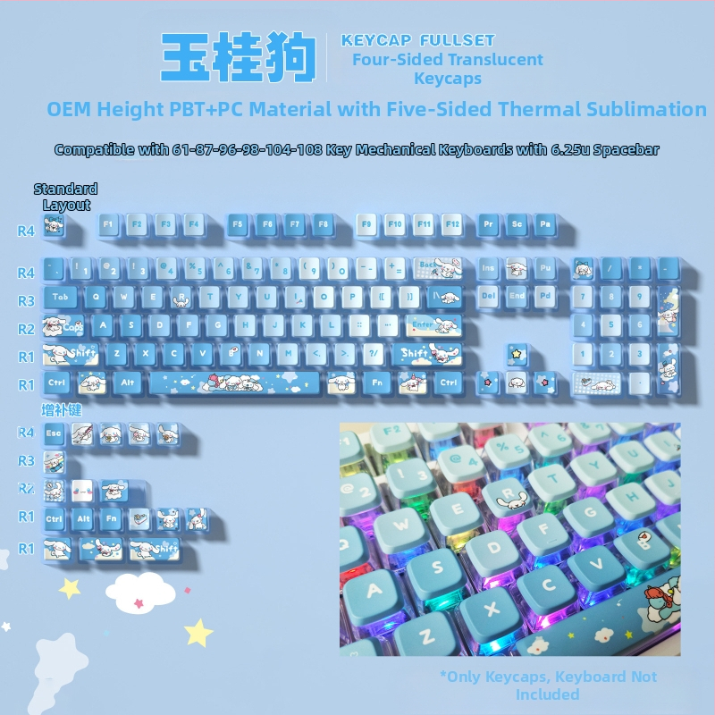 Pudding neljapoolne poolläbipaistev värviline sublimatsiooniklahvistik kohandatud mehaanilise klaviatuuri poolläbipaistva trükikomplekti Kuromi klahvistikud