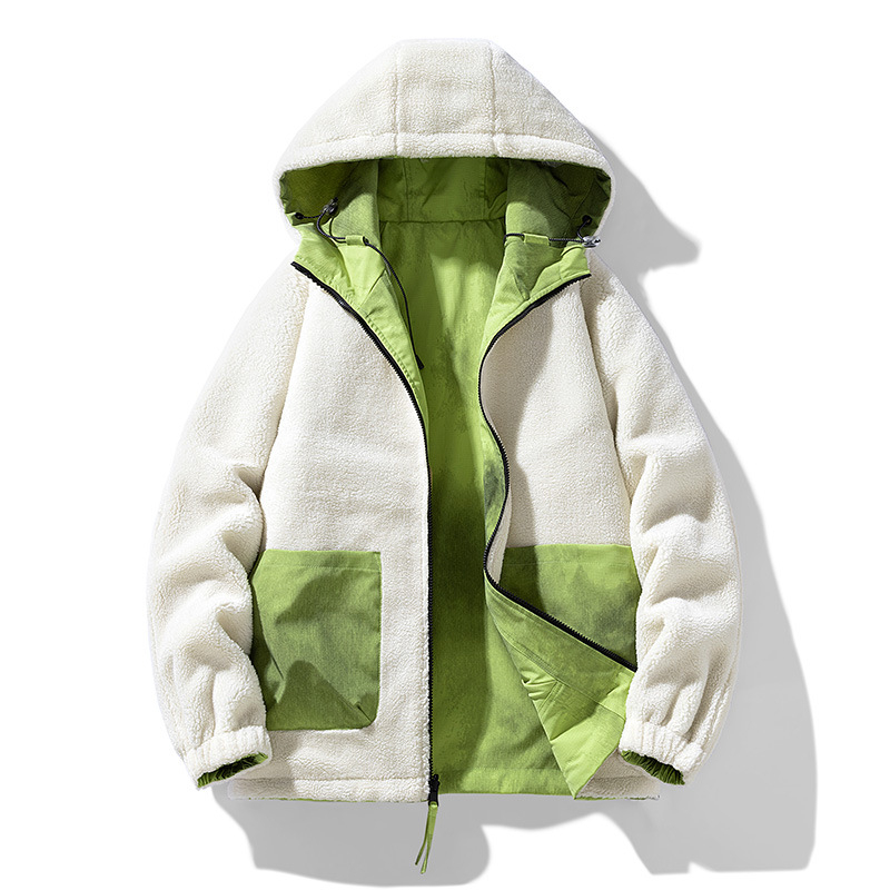 Piiriülene pluss-suuruses kahepoolne lambanahast talvine uus meeste kapuutsiga värviblokeeritud puuvillast riided lahtised pluss-paksu ülisuured jakid