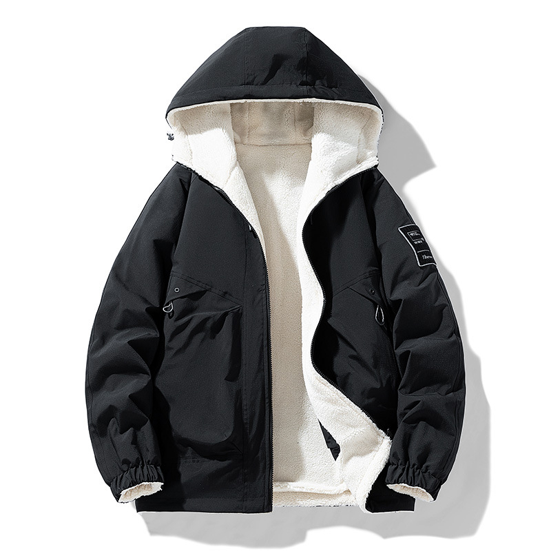 Piiriülene pluss-suuruses kahepoolne lambanahast talvine uus meeste kapuutsiga värviblokeeritud puuvillast riided lahtised pluss-paksu ülisuured jakid