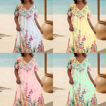 2025. aasta suvine Euroopa ja Ameerika piiriülene Amazoni moodne vabaaja V-kaelusega lühikeste varrukatega trükitud lahtine kleit näeb välja sale ja elegantne