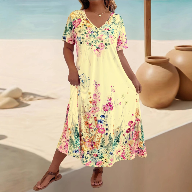 2025. aasta suvine Euroopa ja Ameerika piiriülene Amazoni moodne vabaaja V-kaelusega lühikeste varrukatega trükitud lahtine kleit näeb välja sale ja elegantne