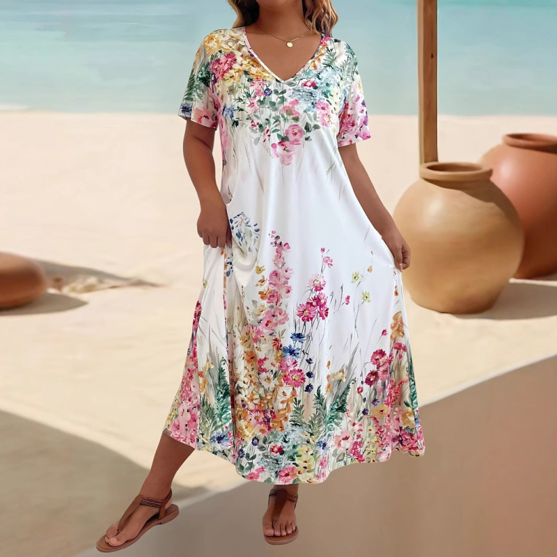 2025. aasta suvine Euroopa ja Ameerika piiriülene Amazoni moodne vabaaja V-kaelusega lühikeste varrukatega trükitud lahtine kleit näeb välja sale ja elegantne
