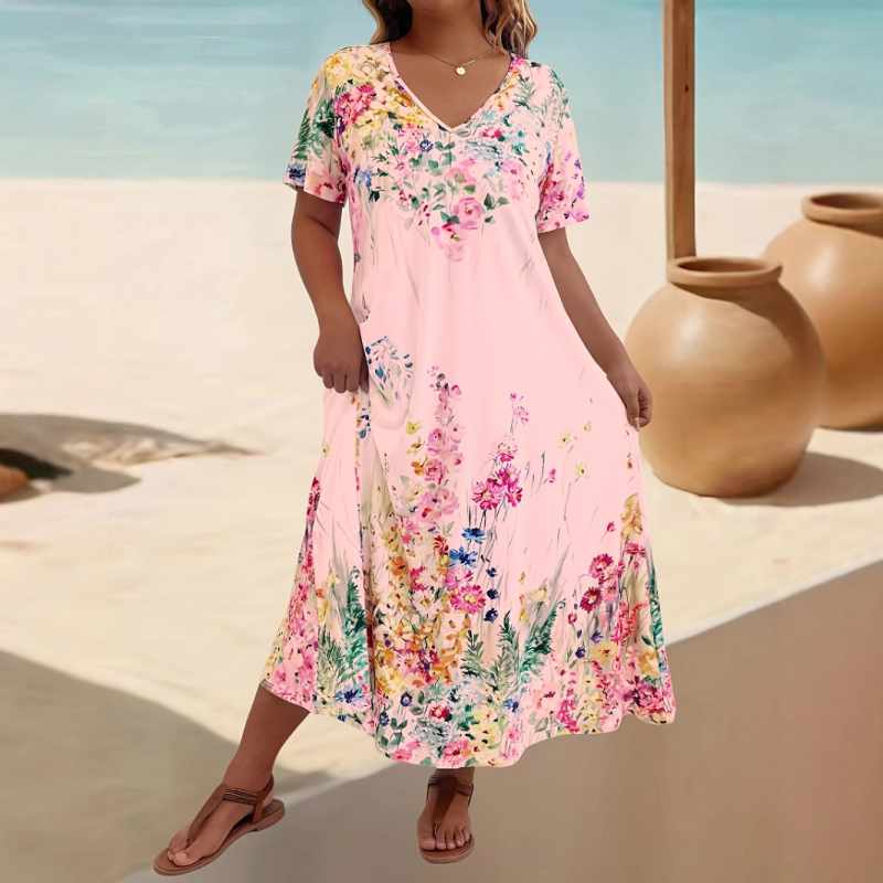 2025. aasta suvine Euroopa ja Ameerika piiriülene Amazoni moodne vabaaja V-kaelusega lühikeste varrukatega trükitud lahtine kleit näeb välja sale ja elegantne