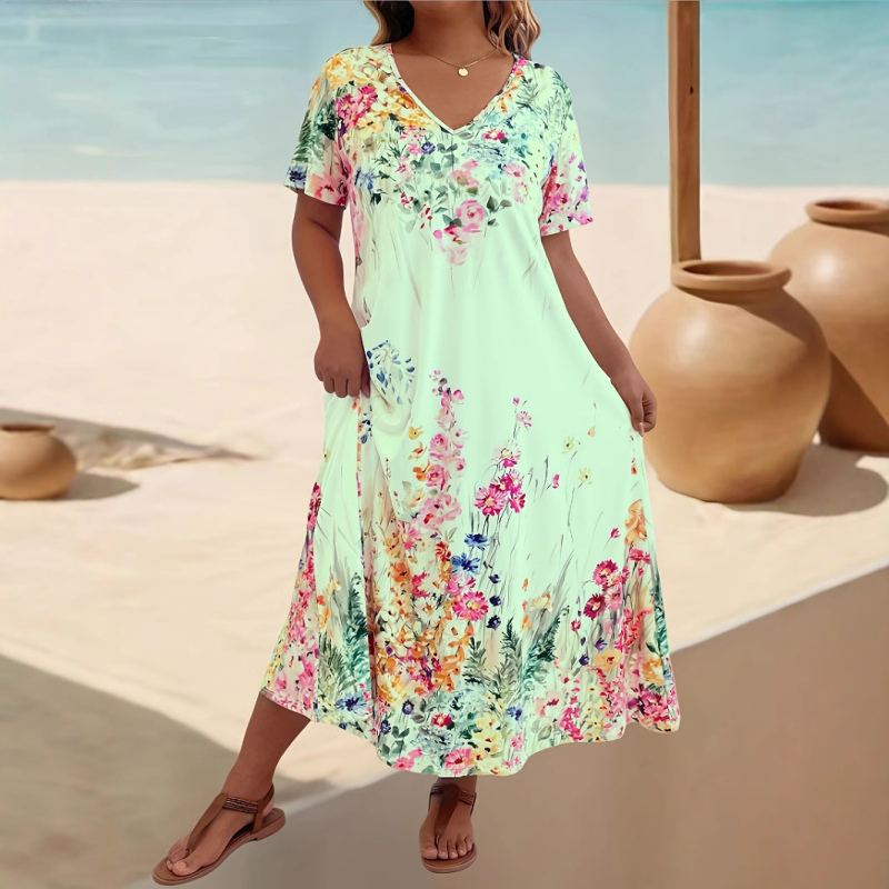 2025. aasta suvine Euroopa ja Ameerika piiriülene Amazoni moodne vabaaja V-kaelusega lühikeste varrukatega trükitud lahtine kleit näeb välja sale ja elegantne