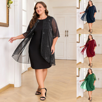 2025. aasta piiriülesed plahvatused, pluss-suuruses, ühevärviline hõbedane siidist erksavärviline võrkkangast elegantne bankett-seitsmepunktiga varrukatega võltskaheosaline kleit