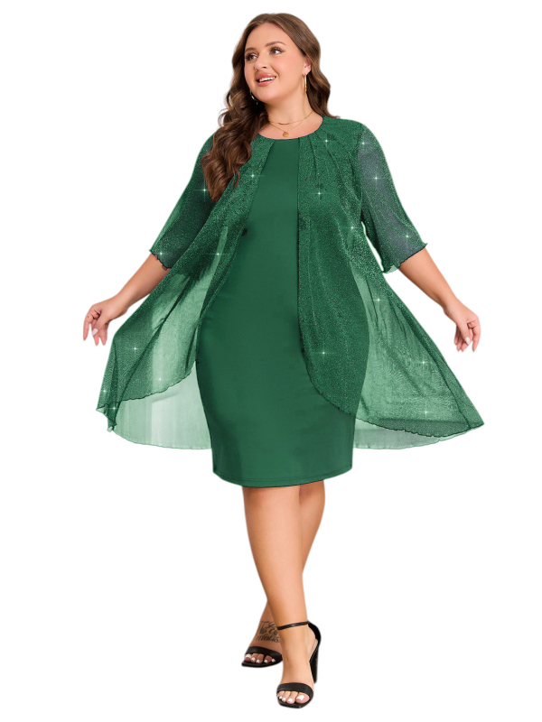 2025. aasta piiriülesed plahvatused, pluss-suuruses, ühevärviline hõbedane siidist erksavärviline võrkkangast elegantne bankett-seitsmepunktiga varrukatega võltskaheosaline kleit