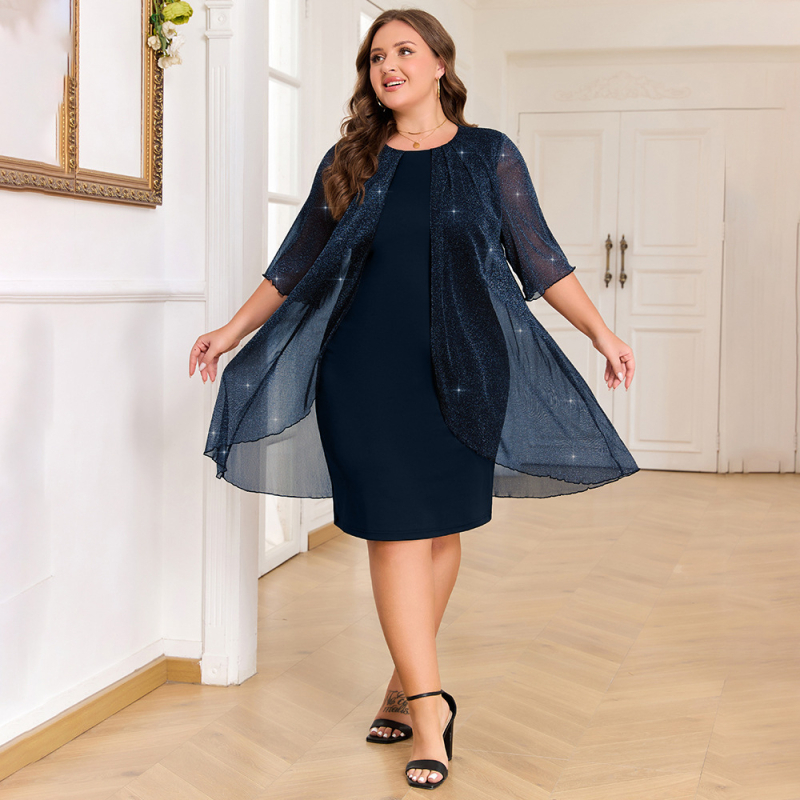 2025. aasta piiriülesed plahvatused, pluss-suuruses, ühevärviline hõbedane siidist erksavärviline võrkkangast elegantne bankett-seitsmepunktiga varrukatega võltskaheosaline kleit