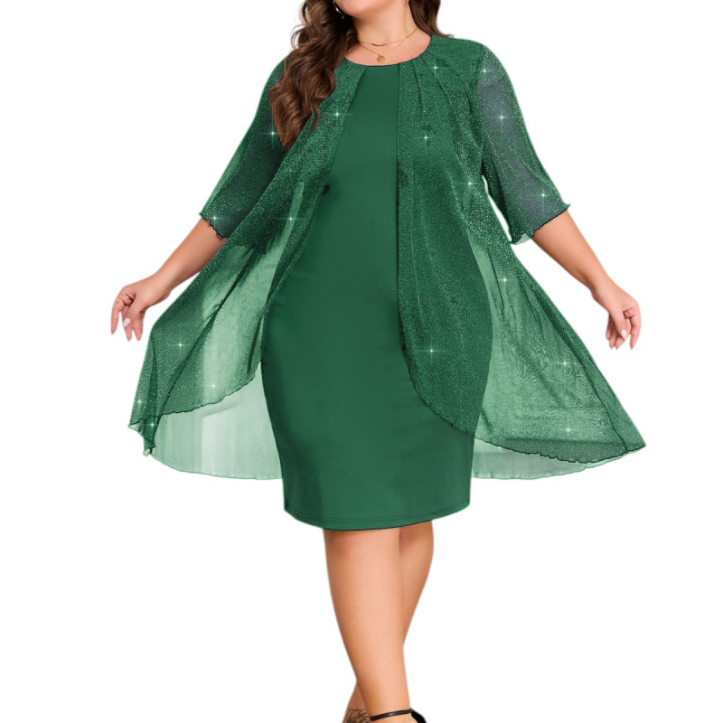 2025. aasta piiriülesed plahvatused, pluss-suuruses, ühevärviline hõbedane siidist erksavärviline võrkkangast elegantne bankett-seitsmepunktiga varrukatega võltskaheosaline kleit