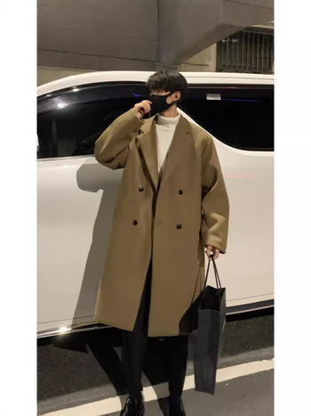 Žieminis naujas paltas vyriškas korėjietiško stiliaus, aukštos klasės, laisvalaikio, laisvas viršutinis, paprastas, vienspalvis, vilnonis švarkas