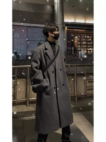 Žieminis naujas paltas vyriškas korėjietiško stiliaus, aukštos klasės, laisvalaikio, laisvas viršutinis, paprastas, vienspalvis, vilnonis švarkas