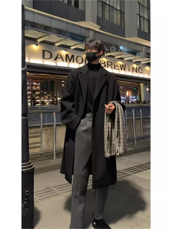 Žieminis naujas paltas vyriškas korėjietiško stiliaus, aukštos klasės, laisvalaikio, laisvas viršutinis, paprastas, vienspalvis, vilnonis švarkas