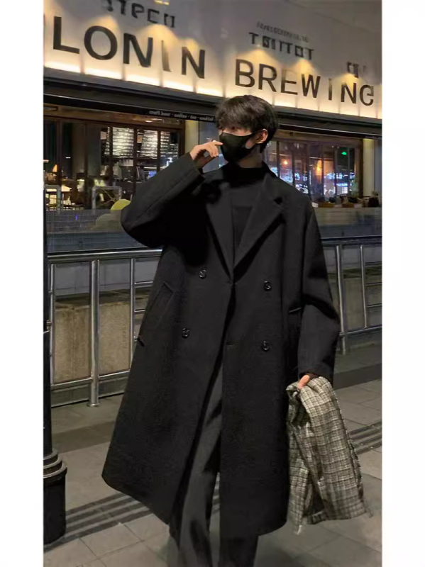 Žieminis naujas paltas vyriškas korėjietiško stiliaus, aukštos klasės, laisvalaikio, laisvas viršutinis, paprastas, vienspalvis, vilnonis švarkas